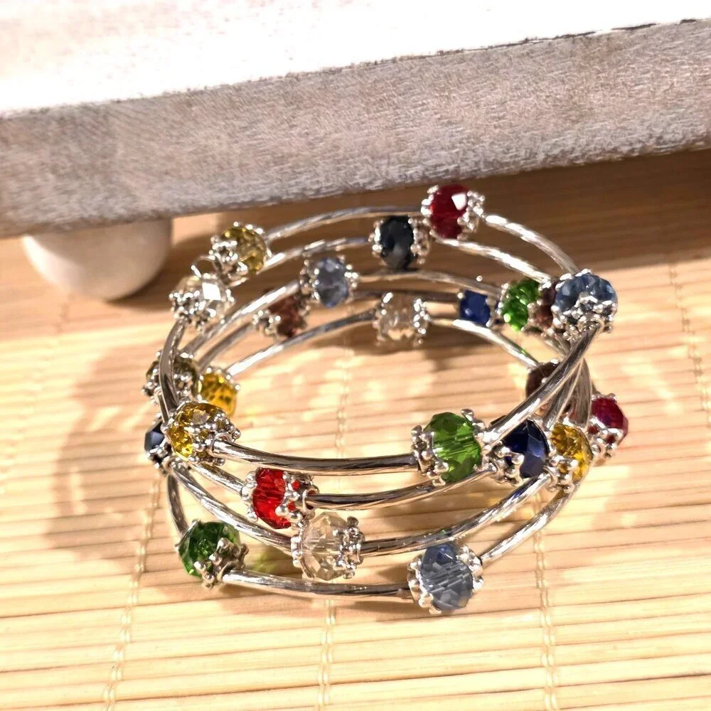 Silver Tone Crystal Wrap Bracelet With Multicolor Faceted Beads Filigree Details